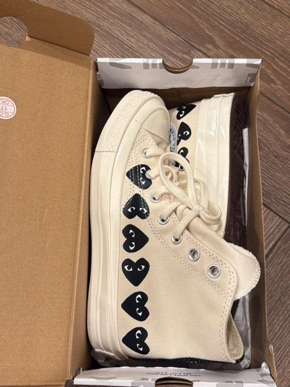 Comme des Garcons Cream Canvas High-Top Sneakers with Black Heart Motif